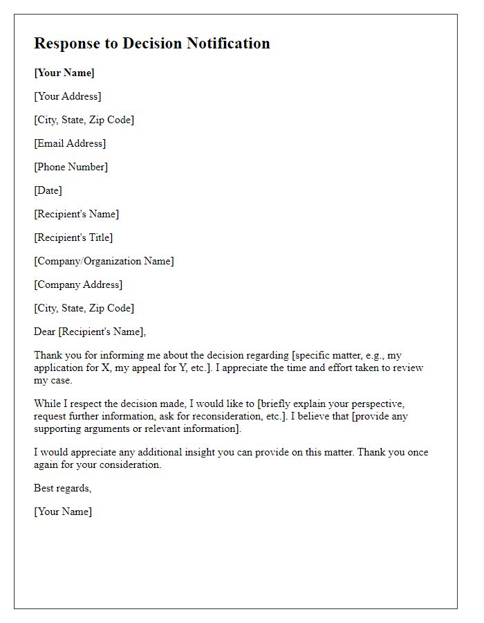 Letter template of response to a decision notification