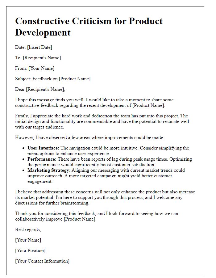 Letter template of constructive criticism for product development