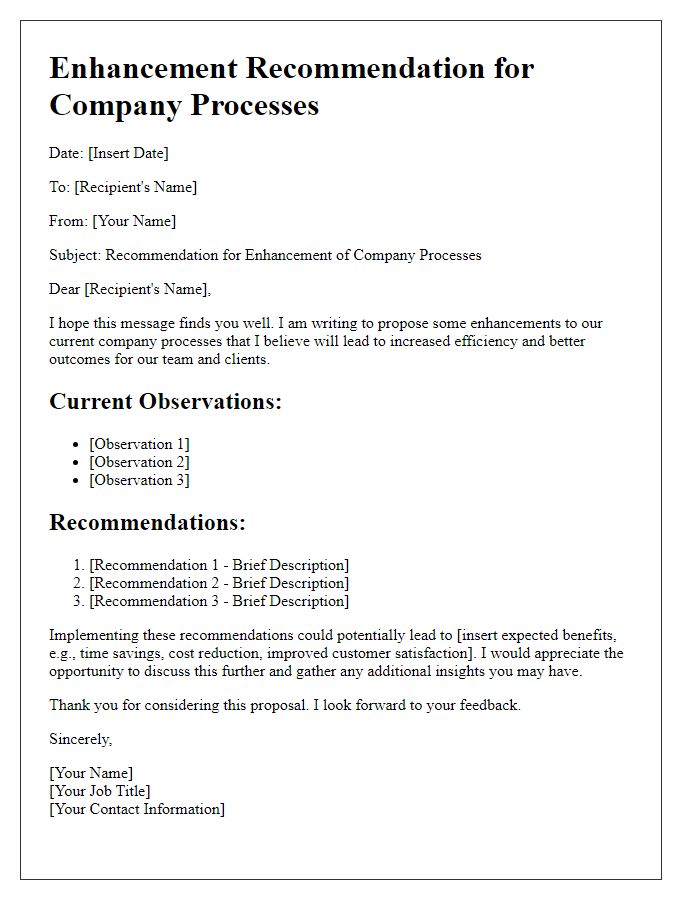 Letter template of enhancement recommendation for company processes