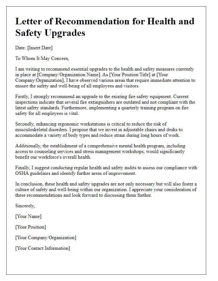 Letter template of recommendations for health and safety upgrades