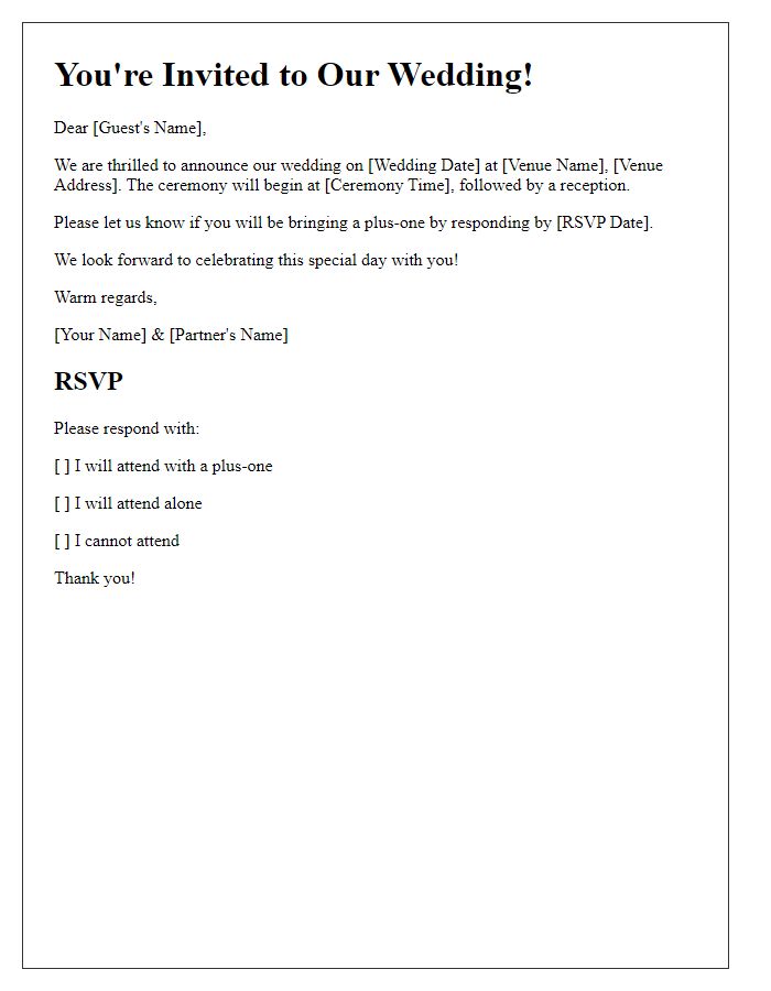 Letter template of wedding invitation plus-one response.