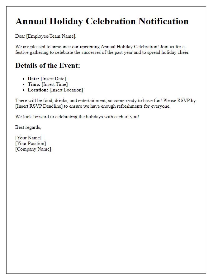 Letter template of annual holiday celebration notification