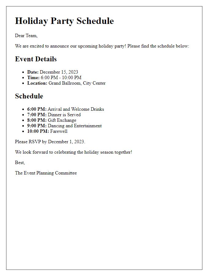 Letter template of holiday party schedule