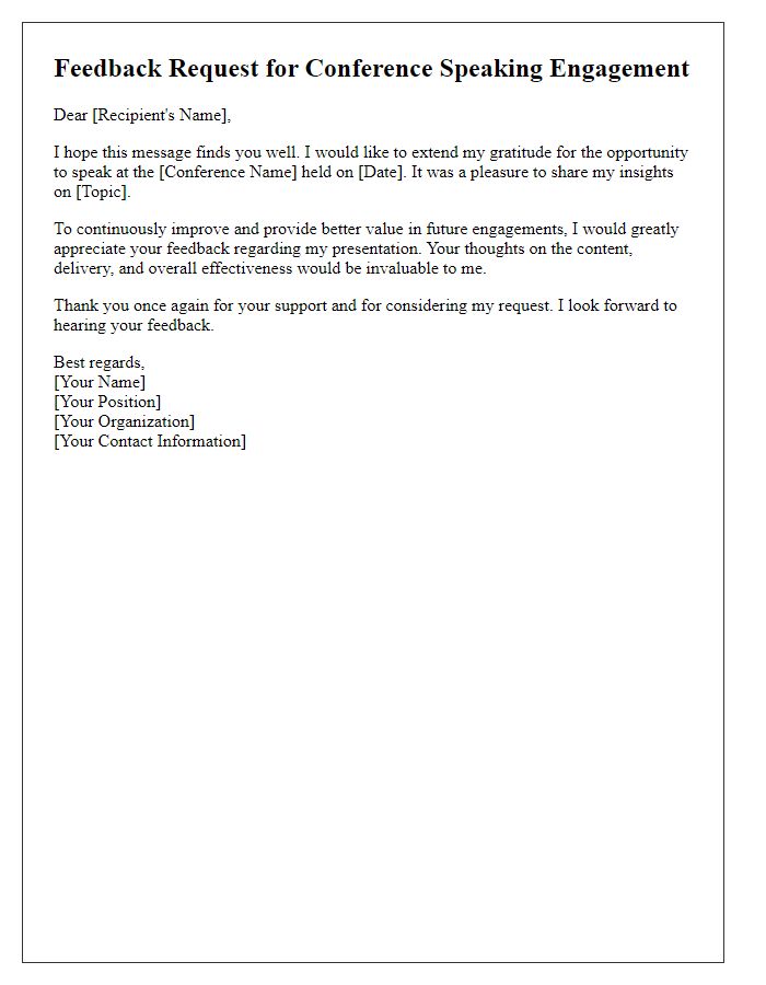 Letter template of feedback request for conference speaking engagement