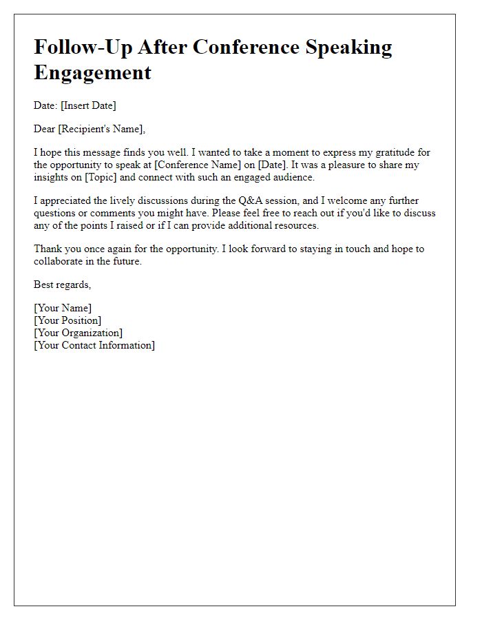 Letter template of follow-up after conference speaking engagement