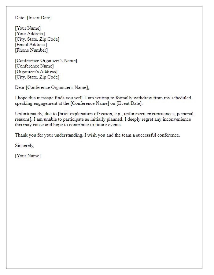 Letter template of withdrawal from conference speaking engagement