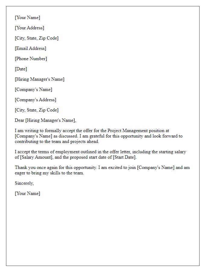 Letter template of job offer acceptance for a project management position