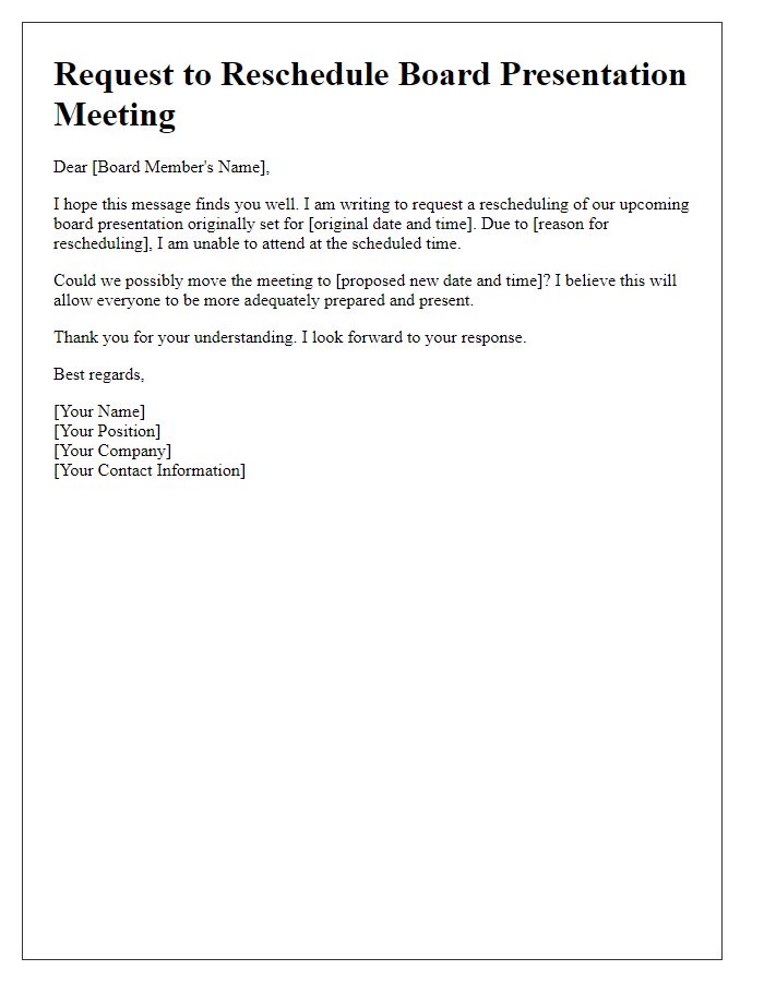 Letter template of meeting reschedule request for board presentation.