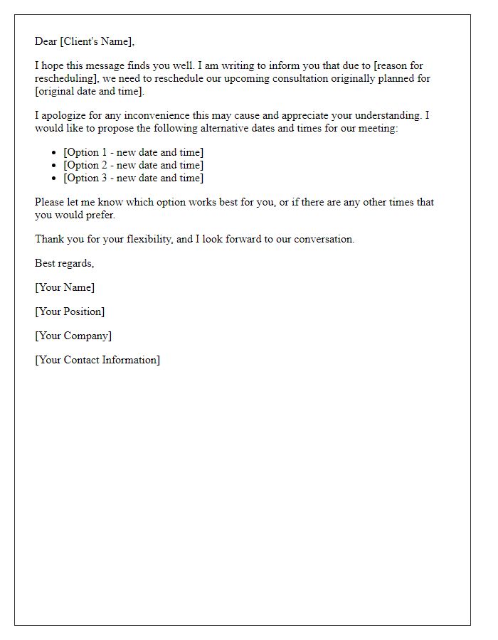 Letter template of meeting reschedule request for client consultation.