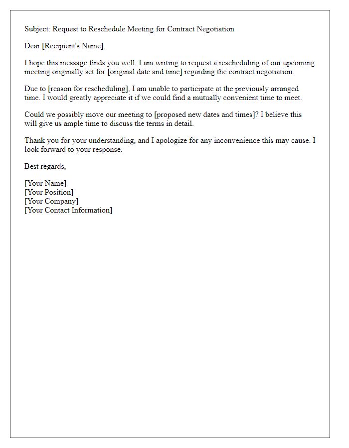 Letter template of meeting reschedule request for contract negotiation.