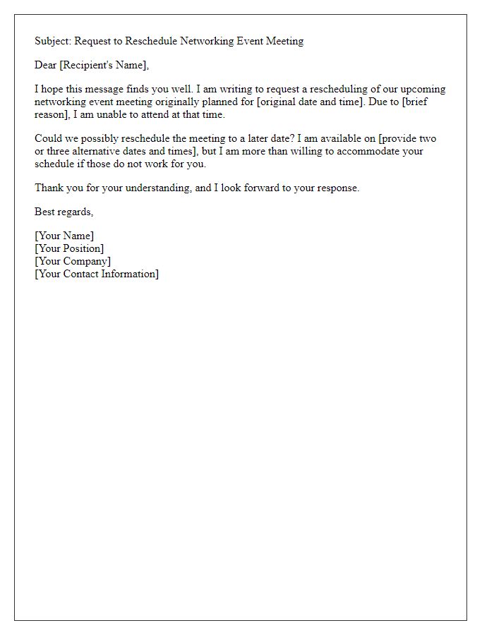 Letter template of meeting reschedule request for networking event.