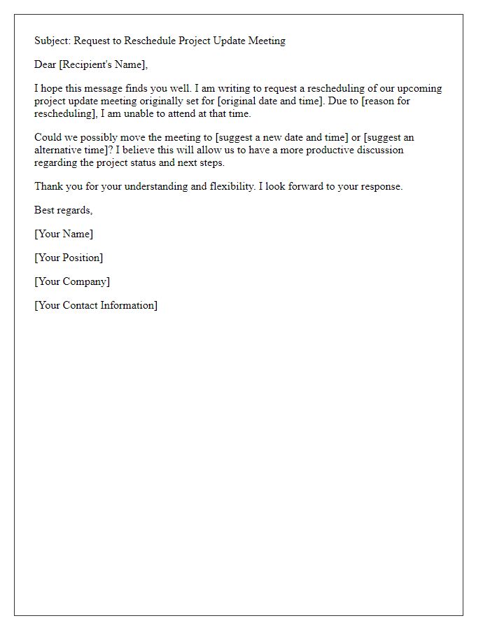 Letter template of meeting reschedule request for project update.