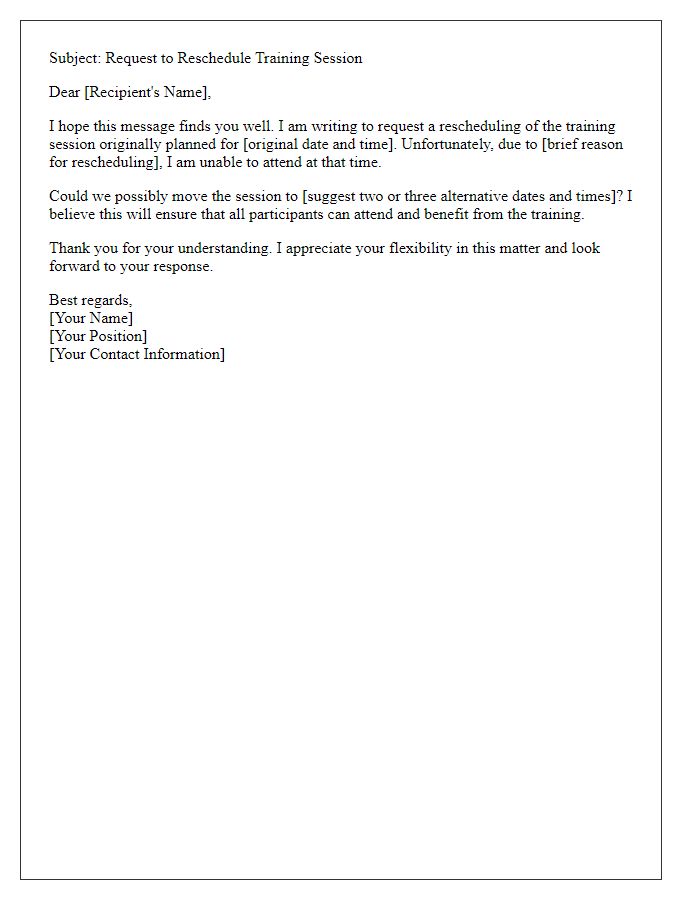 Letter template of meeting reschedule request for training session.