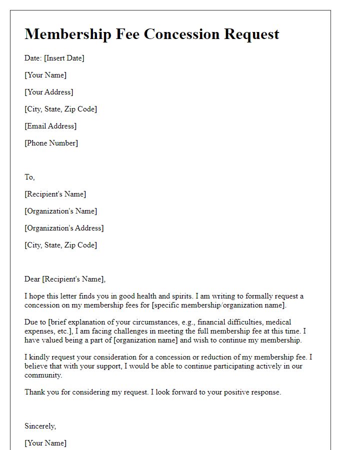 Letter template of documentation for membership fee concession