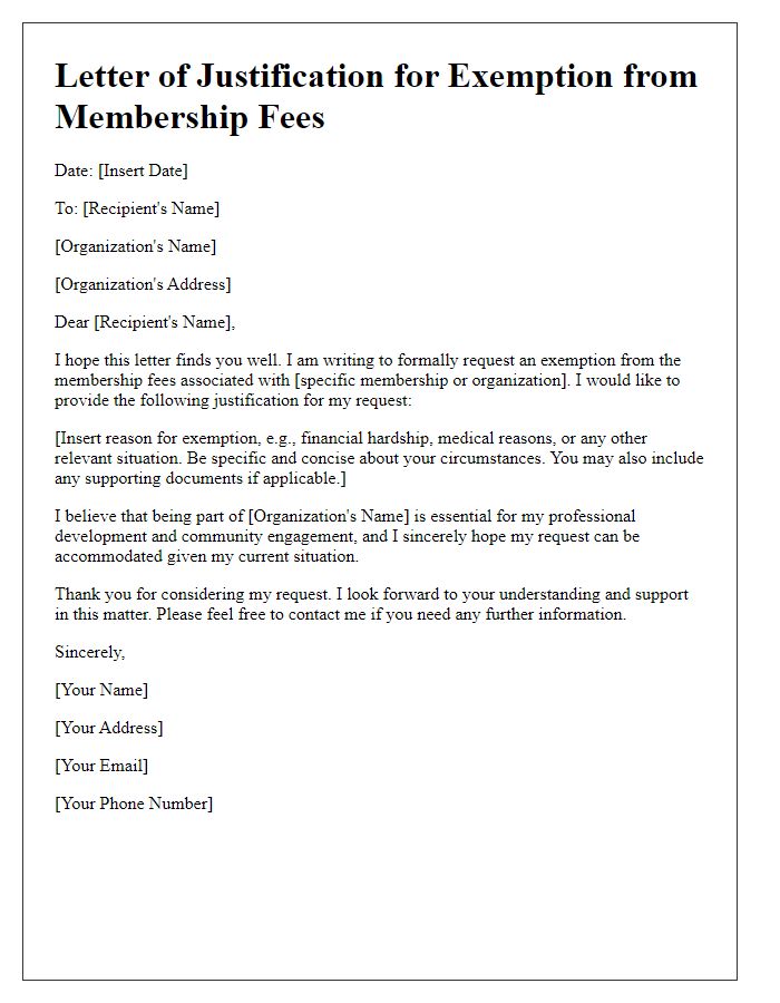 Letter template of justification for exemption from membership fees