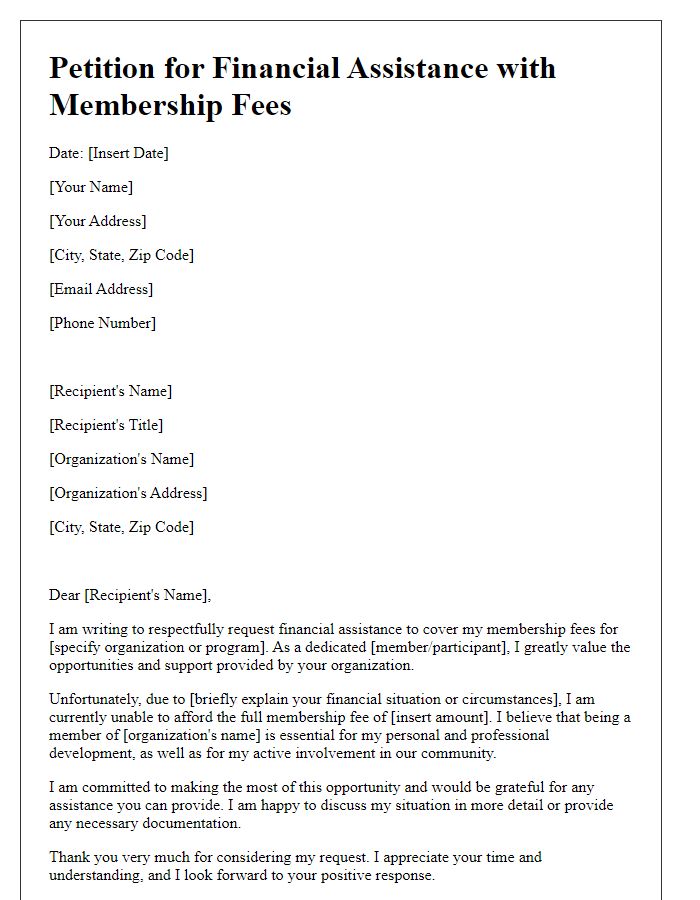 Letter template of petition for financial assistance with membership fees