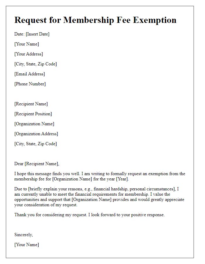 Letter template of request for membership fee exemption