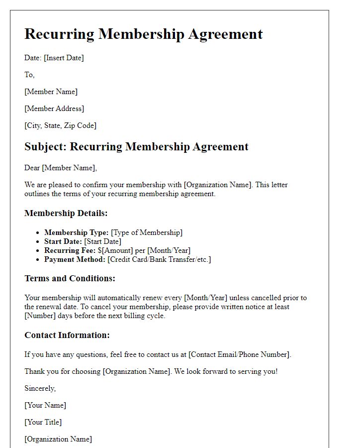 Letter template of recurring membership agreement