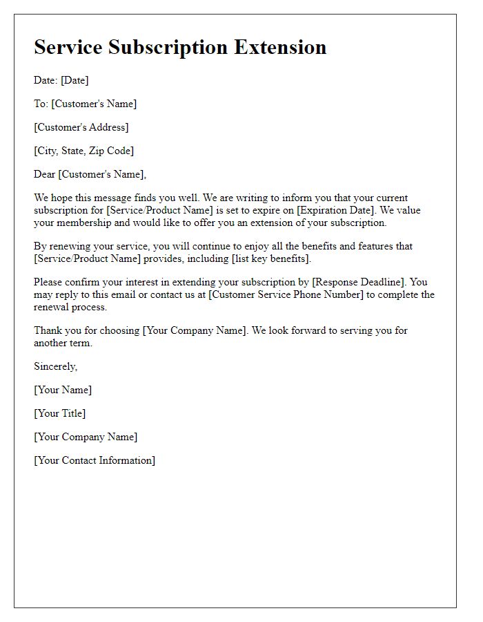 Letter template of service subscription extension