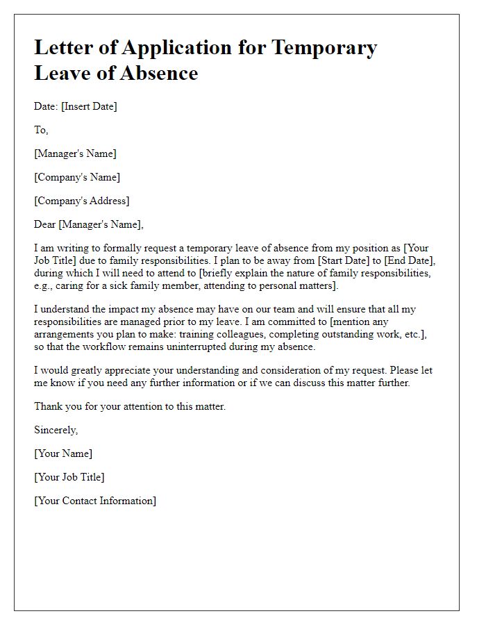 Letter template of application for temporary leave of absence for family responsibilities.