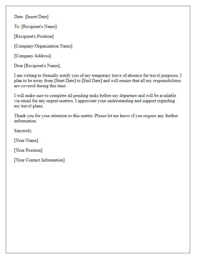 Letter template of notification for temporary leave of absence for travel purposes.