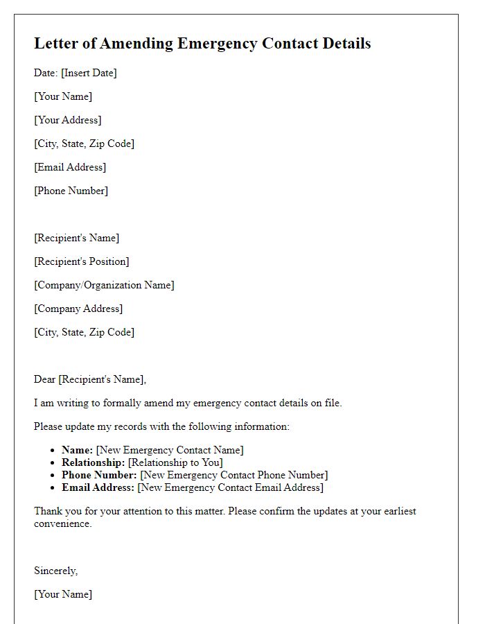 Letter template of amending emergency contact details