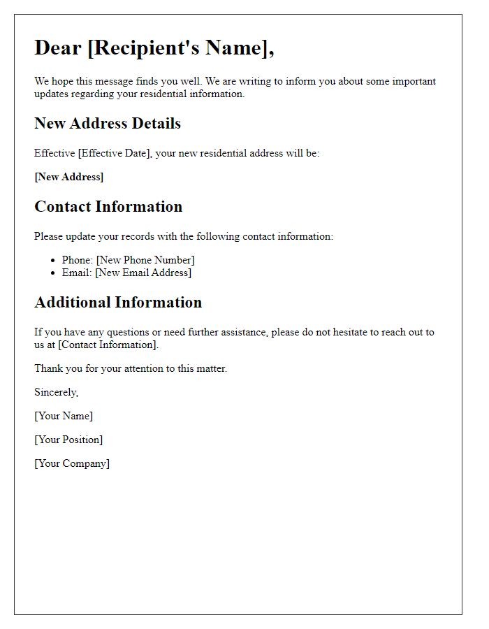 Letter template of communicating new residential information