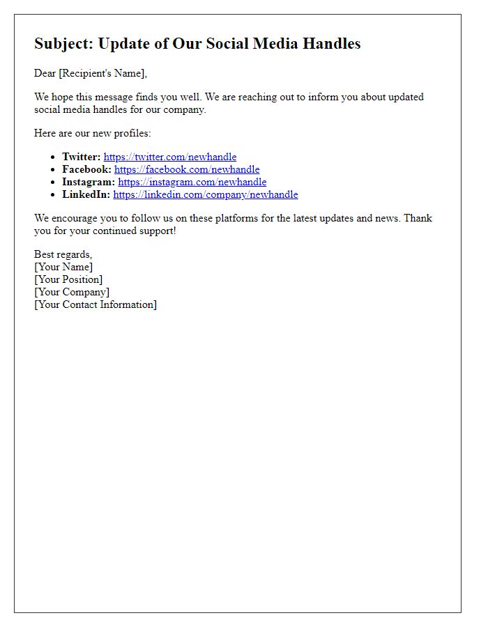 Letter template of providing updated social media handles
