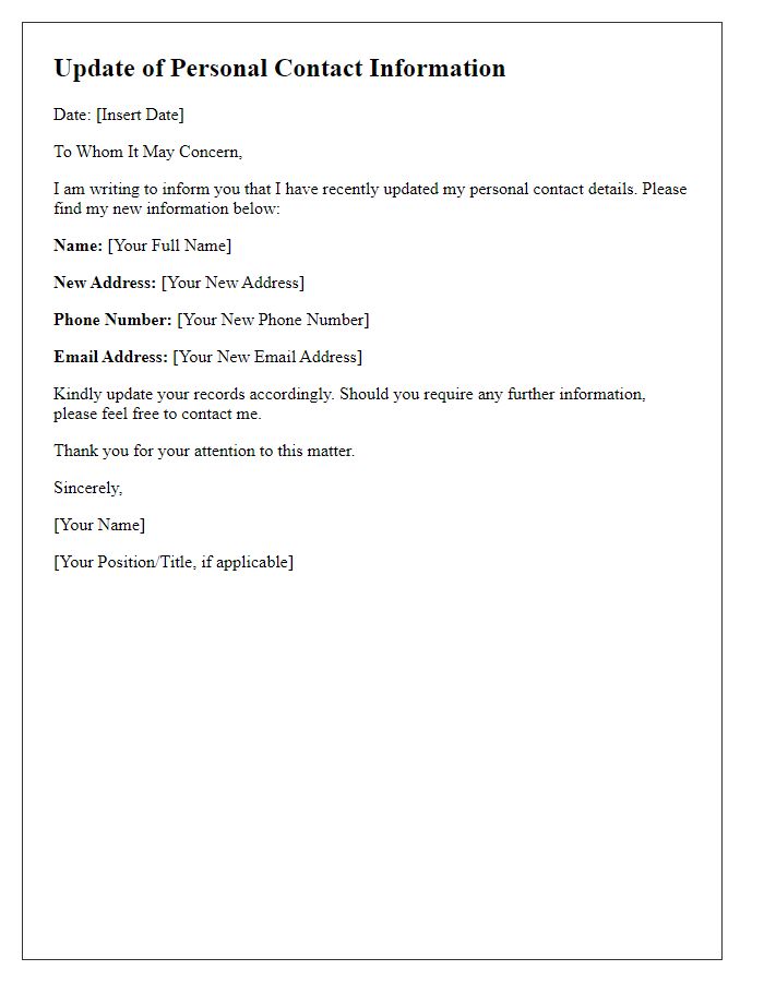 Letter template of updating personal contact details