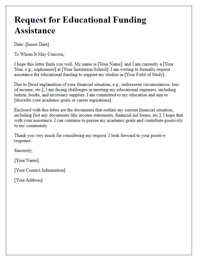 Letter template of educational funding assistance