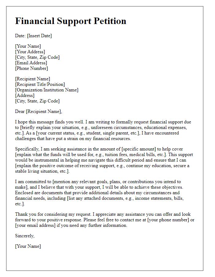 Letter template of financial support petition