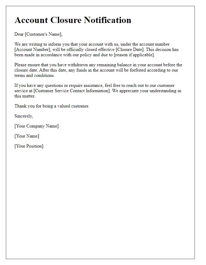 Letter template of account closure announcement