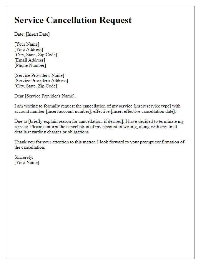 Letter template of service cancellation request