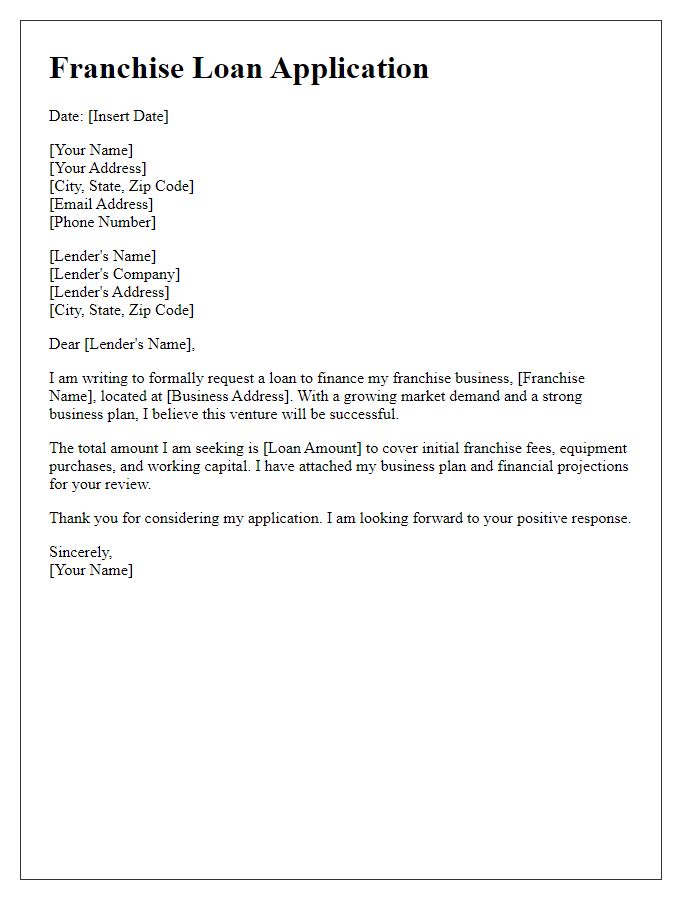 Letter template of franchise loan application