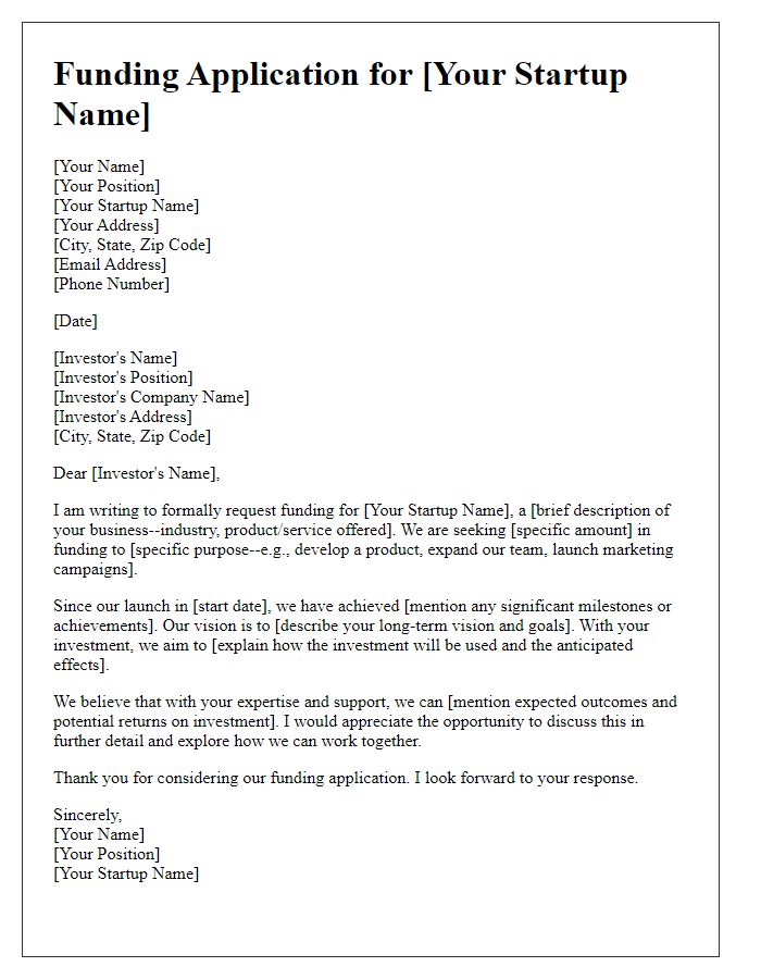 Letter template of startup business funding application