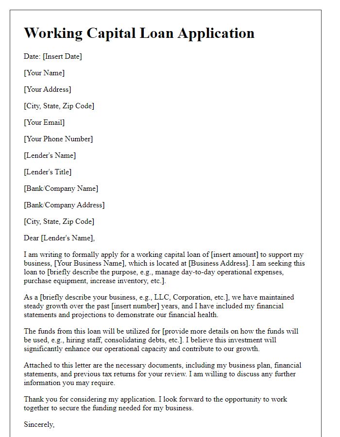 Letter template of working capital loan application