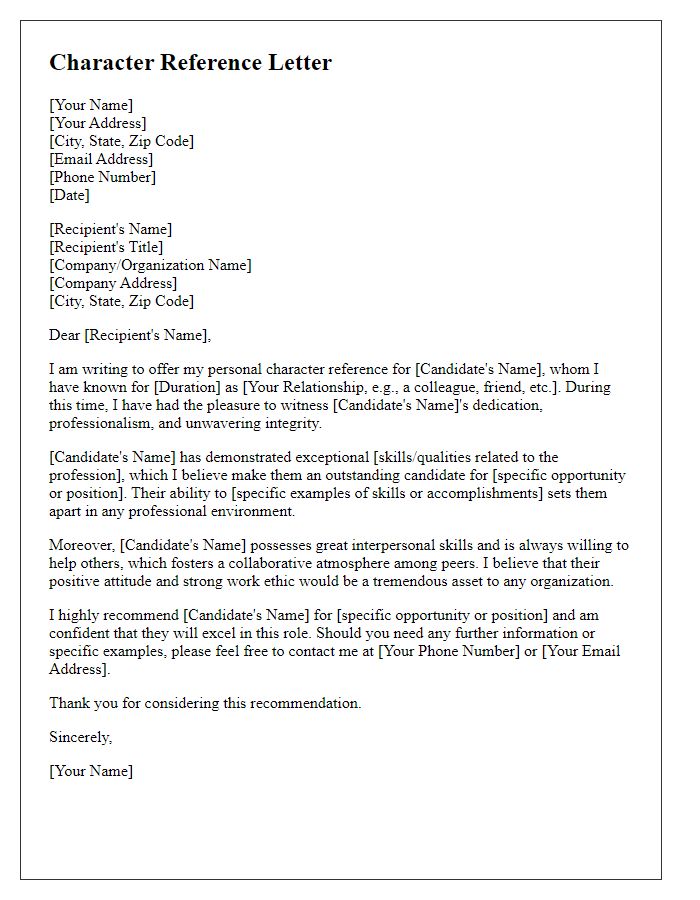 Letter template of personal character reference for professional networking