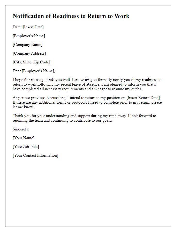 Letter template of notification of readiness to return to work