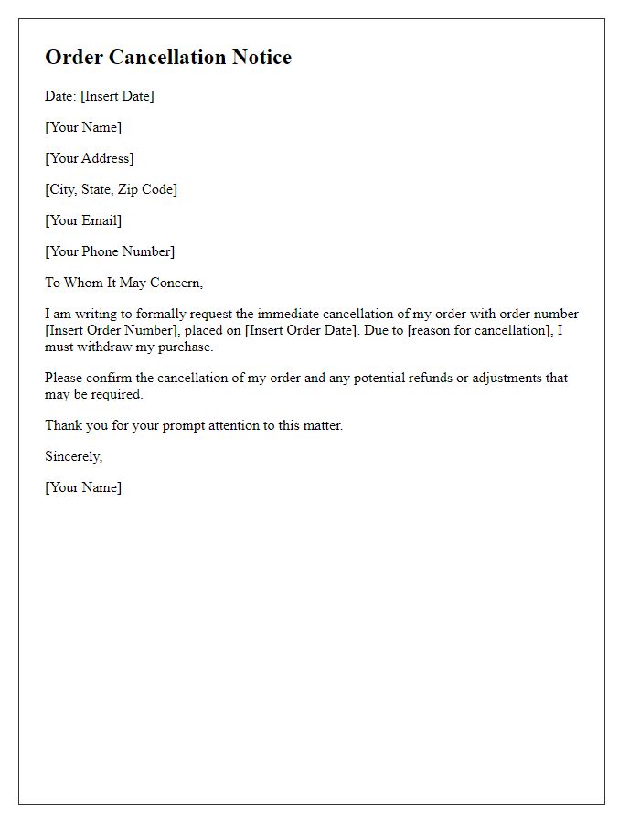 Letter template of immediate order cancellation.