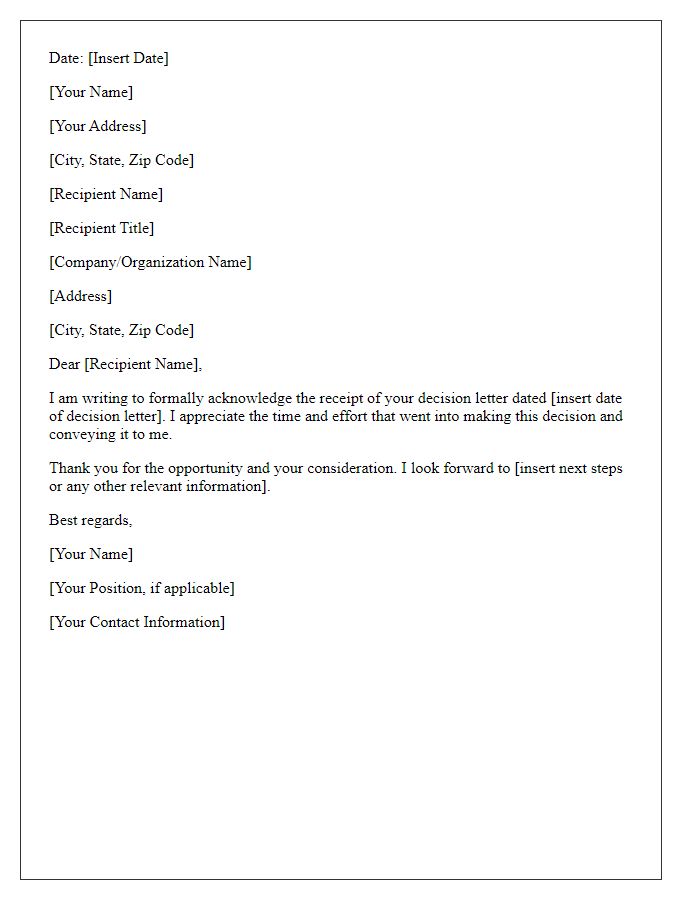 Letter template of acknowledgment of a decision letter