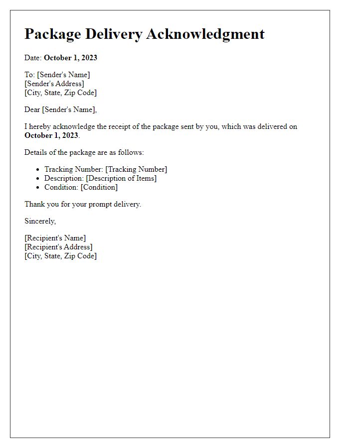 Letter template of acknowledgment of package delivery