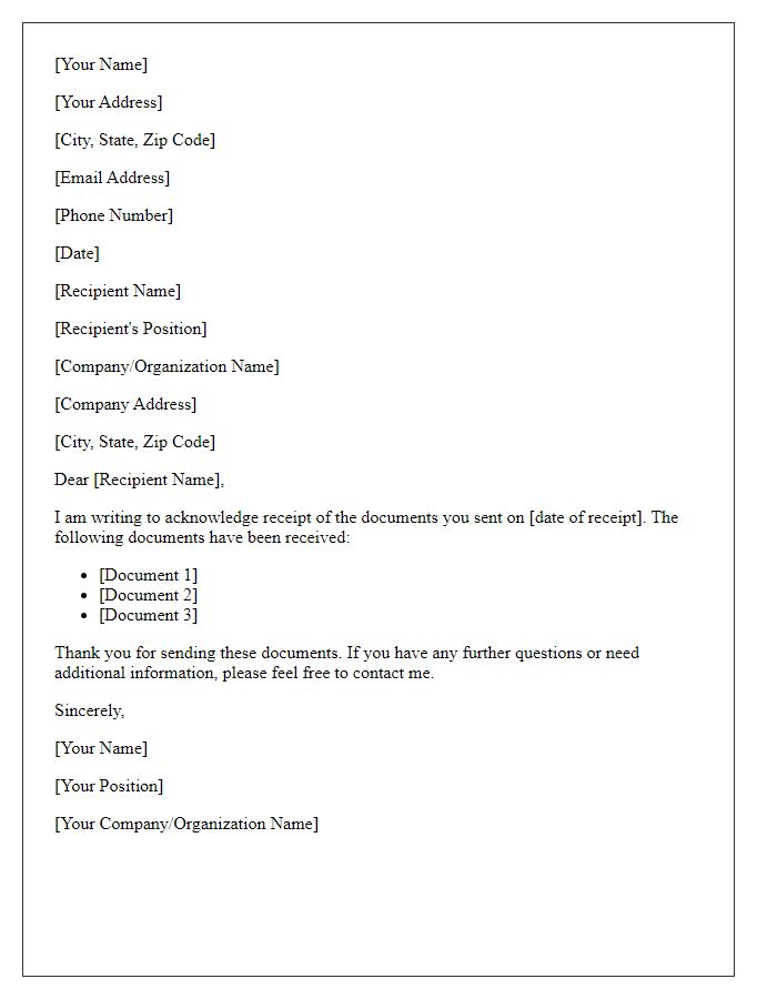 Letter template of acknowledgment for receipt of documents