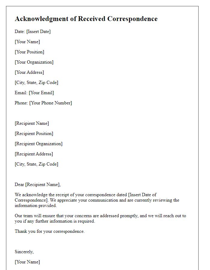 Letter template of acknowledgment for received correspondence