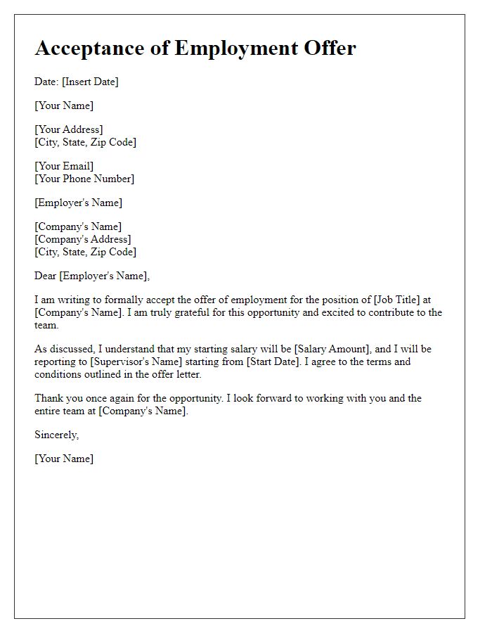 Letter template of acceptance for employment opportunity