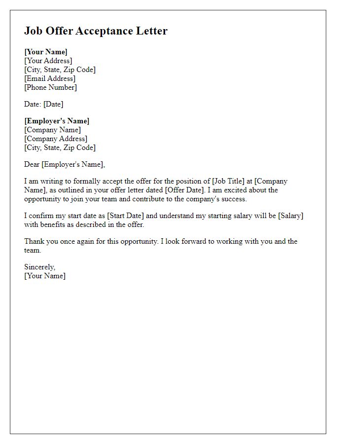 Letter template of acceptance for job offer