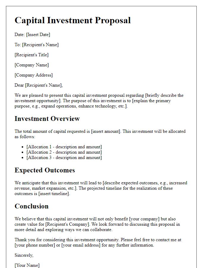 Letter template of capital investment draft