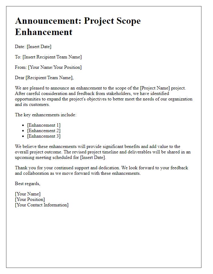 Letter template of announcement for project scope enhancement