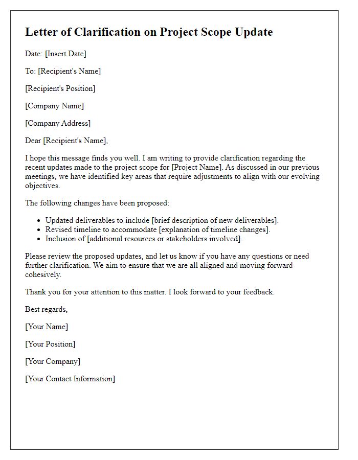 Letter template of clarification on project scope update