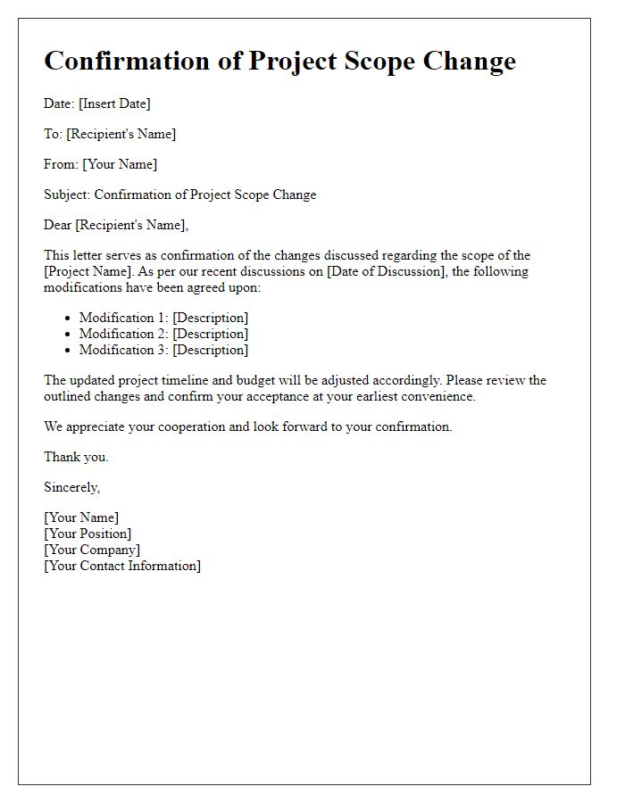 Letter template of confirmation for project scope change