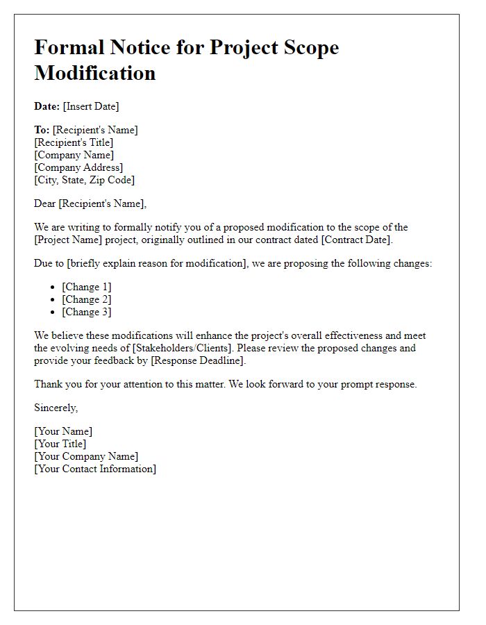 Letter template of formal notice for project scope modification